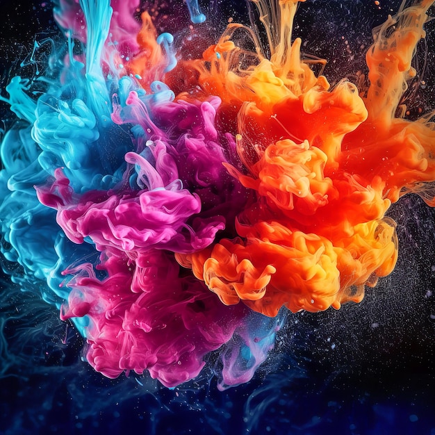 Explosion of colorful water and ink texture into a colorful cloud floating