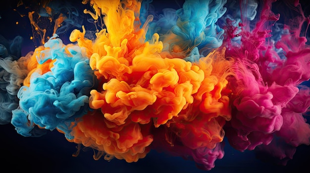 Explosion of colorful water and ink texture into a colorful cloud floating