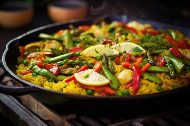 An explosion of colors and aromas this vegetable paella showcases a vibrant assortment of farmfresh produce including tender asparagus spears roasted red peppers luscious artichoke hearts