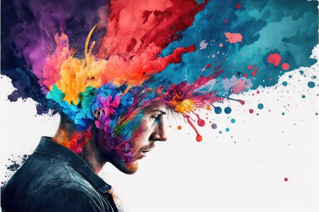 Explosion of colors out of an artist in concept of creative and art inspiration