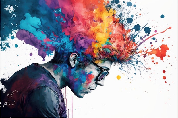 Explosion of colors out of an artist in concept of creative and art inspiration