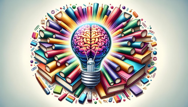 Explosion of Creativity Vibrant Brain Lightbulb Surrounded by Educational and Artistic Tool