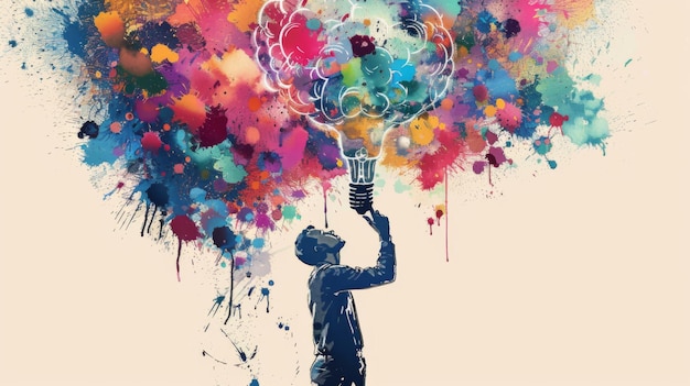 Photo explosion of creativity in vivid paint splatter a person holding a light bulb acts as a catalyst for an explosion of colorful paint symbolizing creative energy