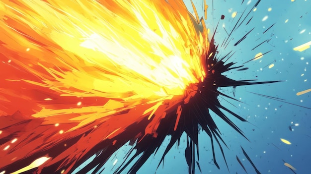 An explosion depicted with vibrant colors and dynamic shapes against a blue background