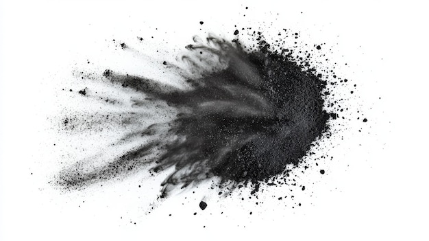 An explosion effect with black chalk pieces and powder flying on a white background