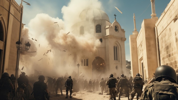 Explosion and fire at a Christian church in Jerusalem with soldiers in the streets