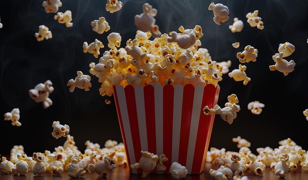 Explosion of flavor popcorn bursting out of the classic striped container