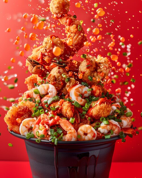 Photo explosion of fried shrimp tempura with seasonings on dramatic red background culinary delights