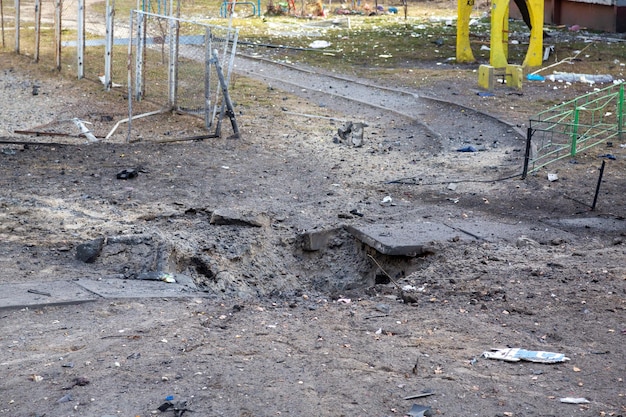 Explosion funnel and rocket wreckage after the bombing of Kyiv