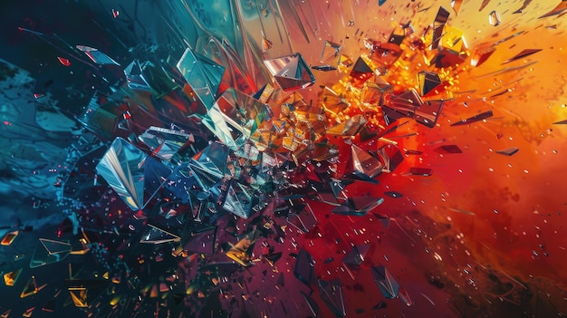 Explosion of glass shards with red yellow blue and green fragments aigf