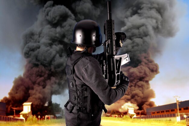 Explosion in an industry, armed police wearing bulletproof vests