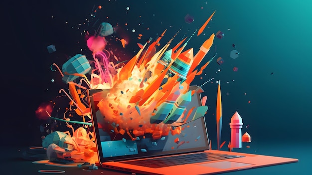 Photo explosion of the new ecommerce program with an open laptop and rocket ship flying over it photo