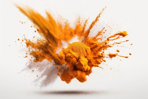 Explosion of orange powder on a white background