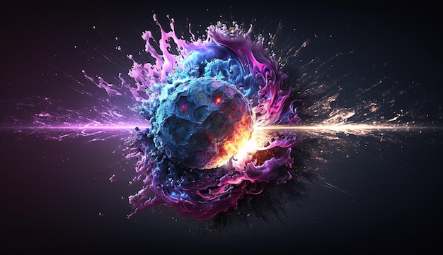 Explosion of the planet in the ball blue and purple studio light