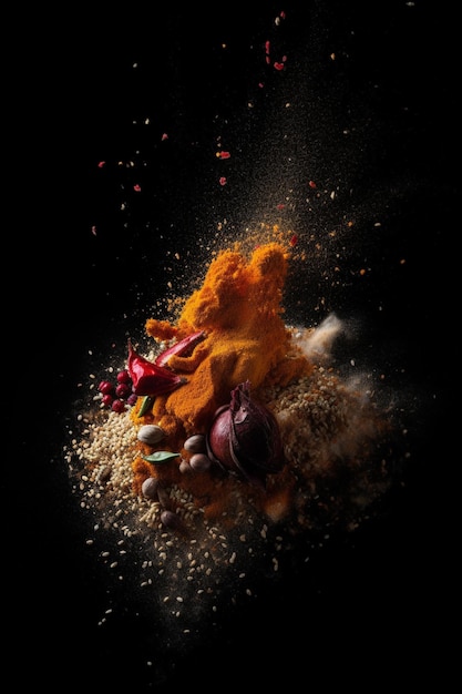 Explosion of spices against a dark background Generative AI