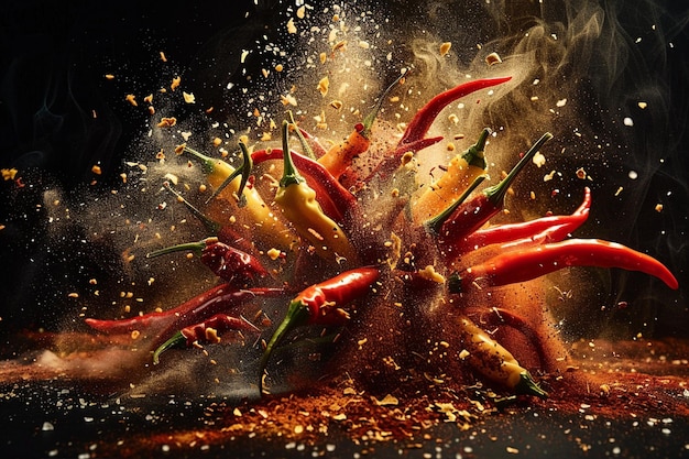 Photo explosion of spices with chili peppers