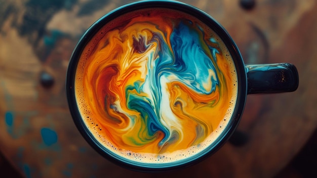 Photo explosion of vibrant colors in a cup of coffee a stunning visual for unique drink presentations or art projects