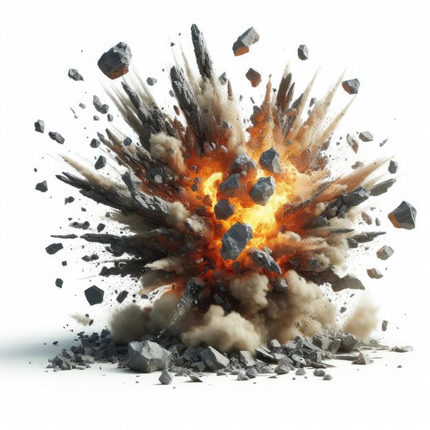 Explosion with pieces of rock isolated on white background