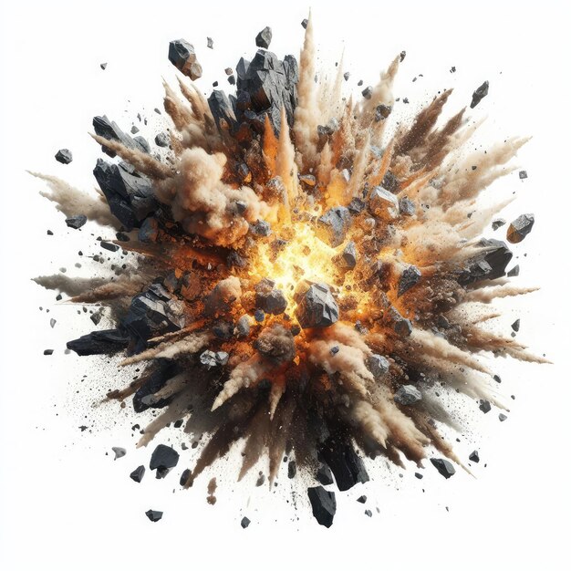 Explosion with pieces of rock isolated on white background