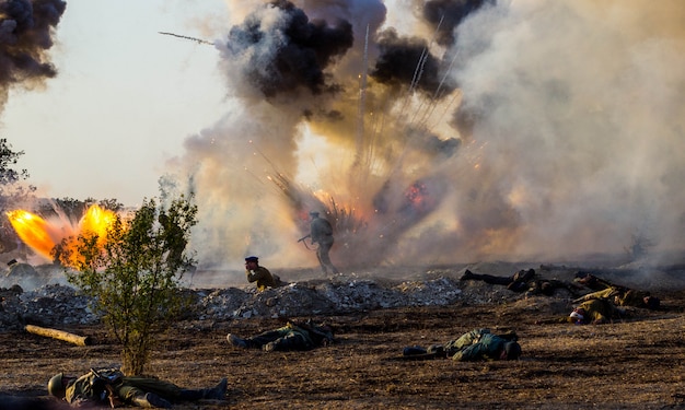 Explosions of shells and bombs, smoke. Reconstruction of the battle of world war II. Battle of Sevastopol.