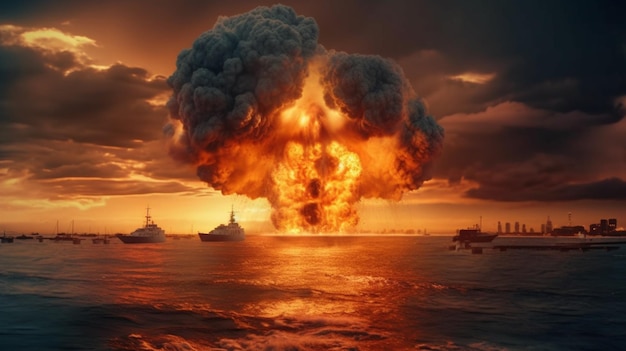 Explosive Conflict at Sea Atomic Bombing at Sunset with Nuclear Explosion and Fire Generative AI