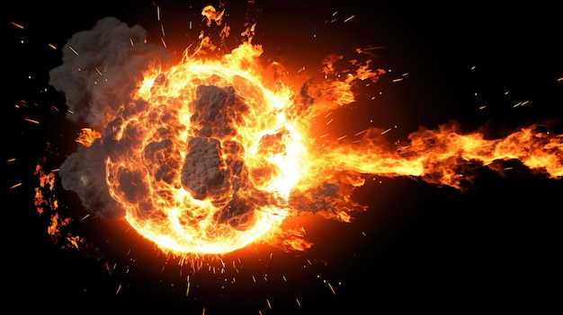 Explosive Energy Dynamic Fireball Explosion with Fiery Flames and Flying Particles Generative AI