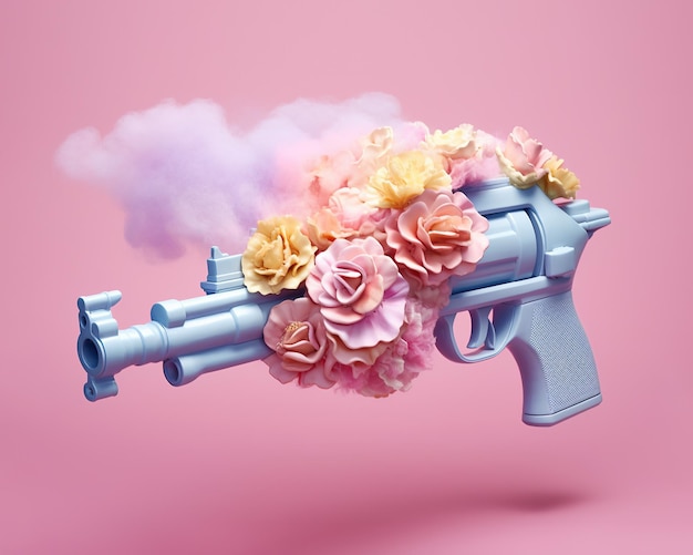 Explosive love embodying the paradox a toy gun wrapped in a blanket of smoldering roses and flowers