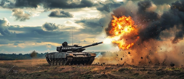 Explosive moment as a tank fires in a dramatic battlefield scene