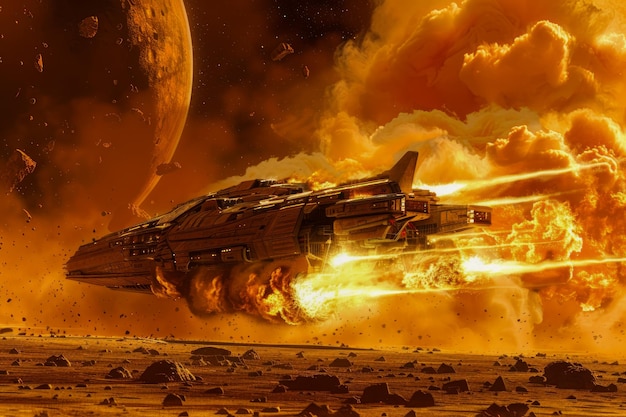 Explosive Spacecraft Escape from Fiery Planet in Apocalyptic Sci Fi Scene