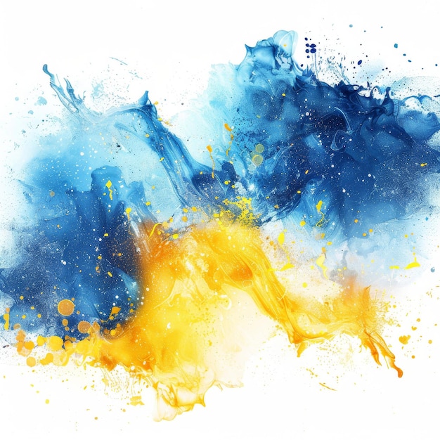 Explosive Watercolor Collision in Blue and Yellow