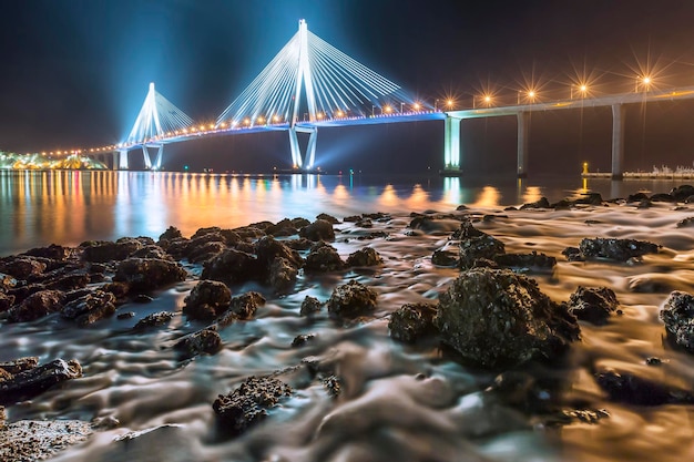 Exposure of riverbed reflecting night view of Mokpo Bridge