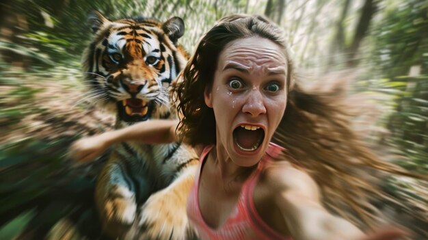 Photo expression of a frightened woman taking a selfie photo with a tiger in a forest ai generated image