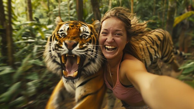 Photo expression of a happy woman with a forest tiger ai generated image