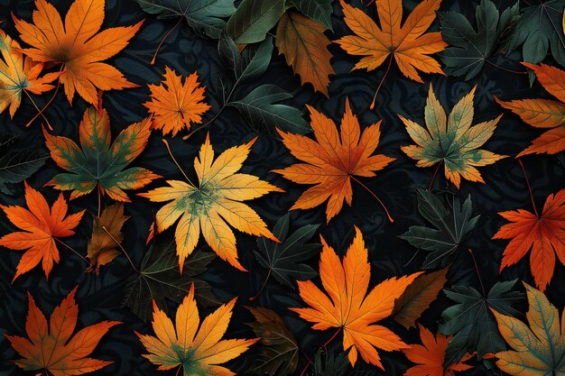 Expressionism art style abstract pattern of maple leaves on black fabric