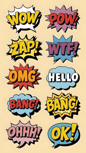 The expressions include WOW POW ZAP WTF OMG HELLO BANG OHHH and OK