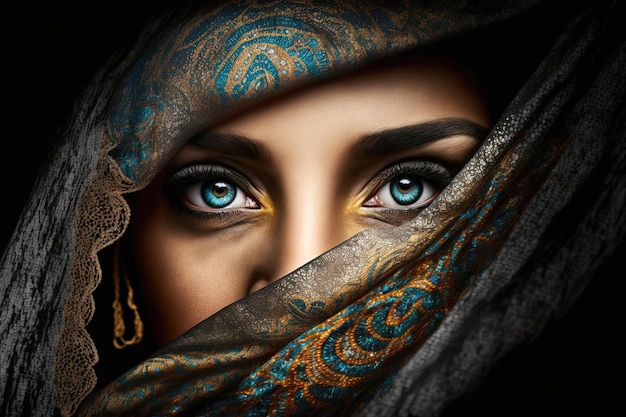 Expressive eyes of an oriental woman in a headscarf Islamic girl with beautiful eyes closeup