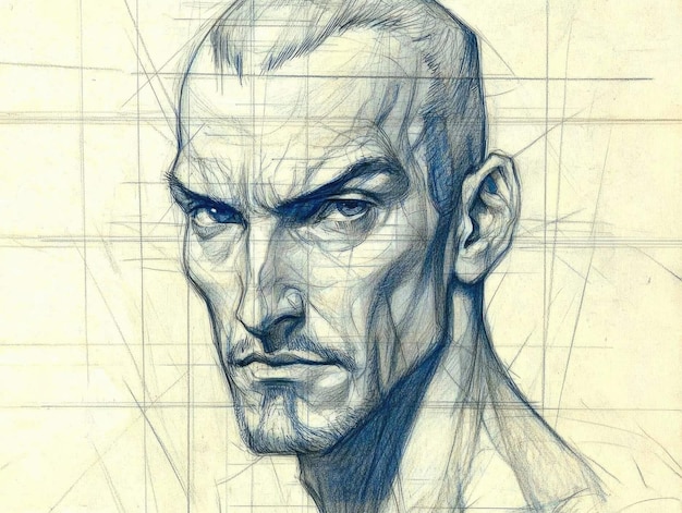 Photo expressive male face sketch with strong angular features and intense gaze