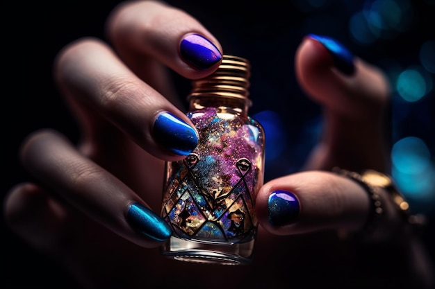 Expressive Nail Art Model with Matching Nail Polish Bottle