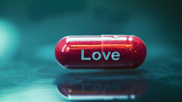 Expressive Red Capsule with the Word Loving on Rustic Background