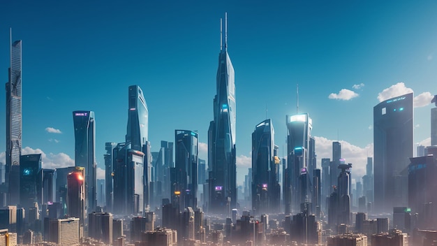 An Expressive View Of A City With Skyscrapers And A Blue Sky AI Generative