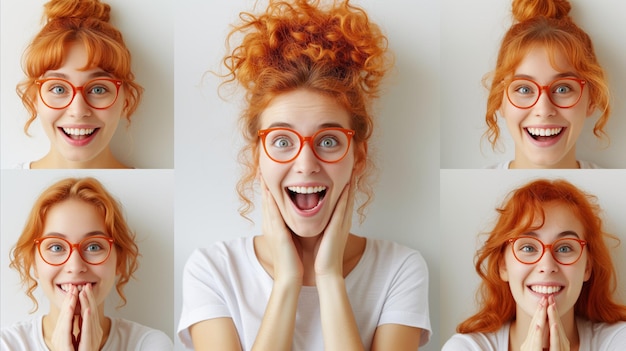 Expressive Young Woman With Red Hair and Glasses in Five Poses