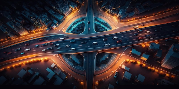 Expressway top view Road traffic an important infrastructurecar traffic transportation above intersection road in city night