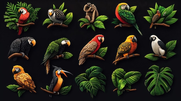 Photo exquisite 2d icon set of amazon rainforest animal species diversity