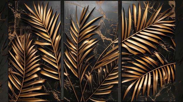 Exquisite 3D Wall Art Design Featuring a ThreePanel Composition of Palm Leaves on a Dark Marble Background with Golden Elements