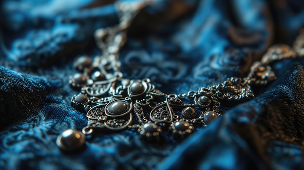 Exquisite antique silver jewelry with intricate designs placed on a dark blue textile