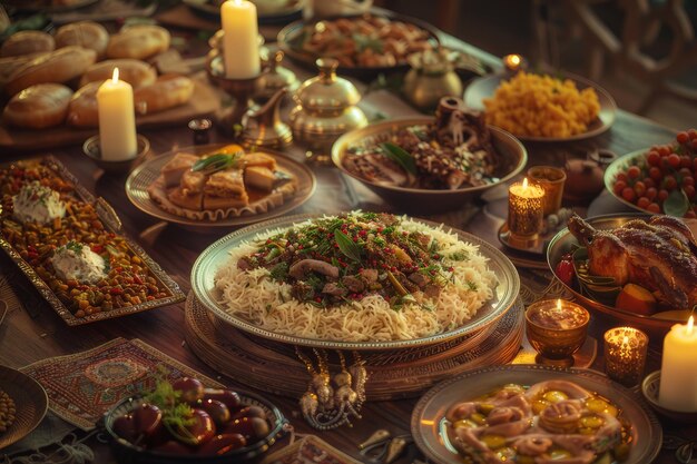 Photo exquisite arabian feast with diverse dishes and candlelight