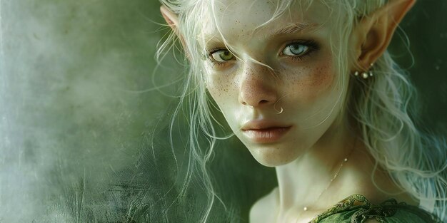 Photo exquisite beautiful elf woman with pale eyes and pale skin wearing green dress