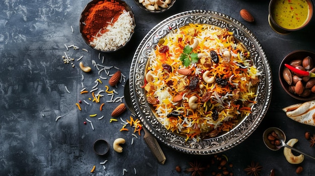 Photo exquisite biryani platter with nuts rice and sauces