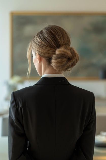 Exquisite bun hairstyle in a modern office