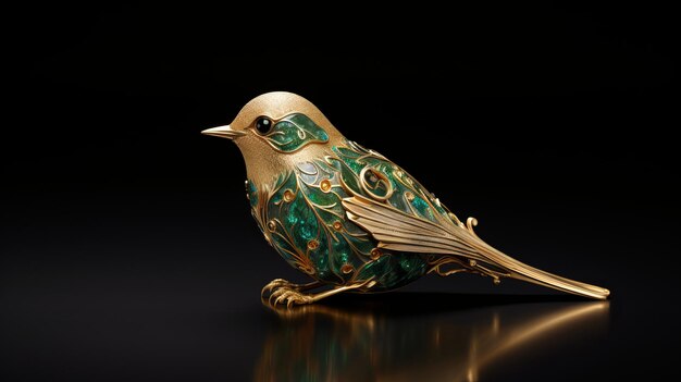 Exquisite Ceramic Bird With Golden Metal Carving And Emerald Inlays